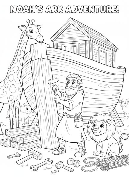 Noé martillando tablones, página para colorear Sal de la Tierra para niños de 5 a 10 años
