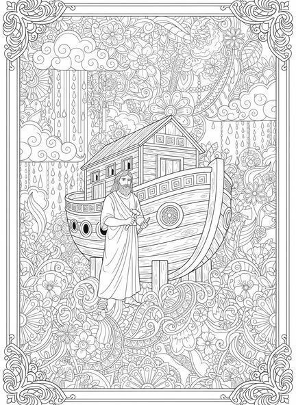 Noah mit Werkzeugen, Ausmalbild mit Schriftblumen für Erwachsene im Bibel-Journaling-Stil