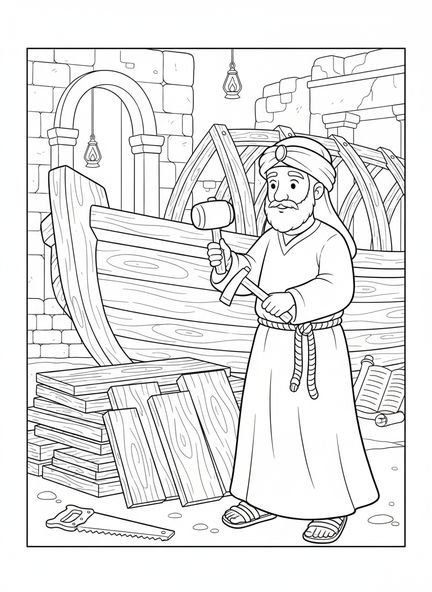 Noah baut die Arche, Ausmalbild mit Schriftversen für die Sonntagsschule für Kinder im Alter von 5-12 Jahren