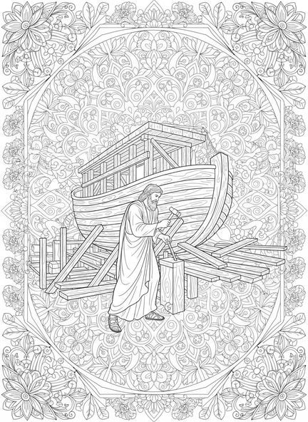 Noe budujący arkę, mandala do kolorowania dla dorosłych w stylu dziennika biblijnego.