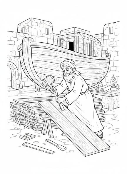 Noé construisant l'arche, page à colorier Mandala biblique pour les enfants de l'École du dimanche âgés de 5 à 12 ans