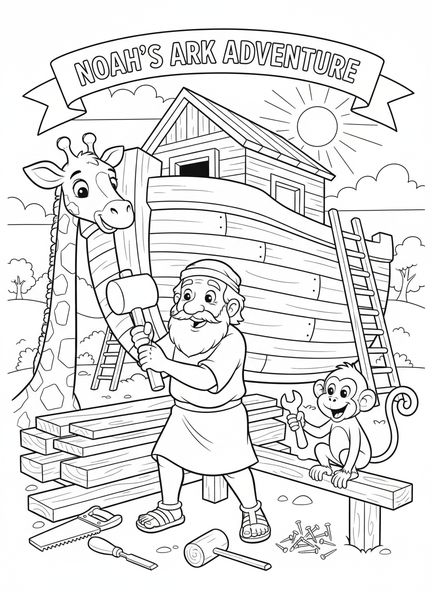 Noé en train de clouer des planches, page à colorier Le Seigneur vous bénisse pour les enfants de 5 à 10 ans