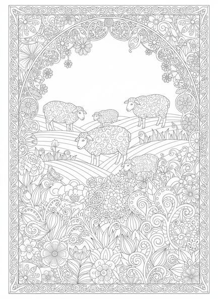 Ovejas pastando, página para colorear El Señor es mi Pastor estilo de journaling bíblico para adultos.