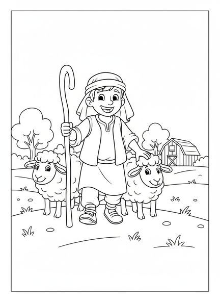 Pastor amigable guiando a dos ovejas grandes, página para colorear El Señor es mi Pastor para niños de 5 a 10 años