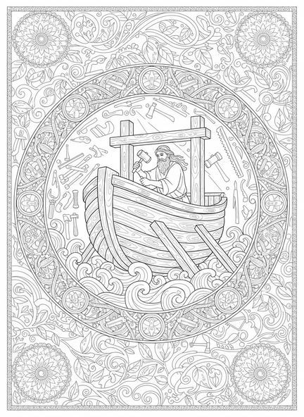 Noé construyendo el arca, página para colorear Confía en el Señor estilo de journaling bíblico para adultos.