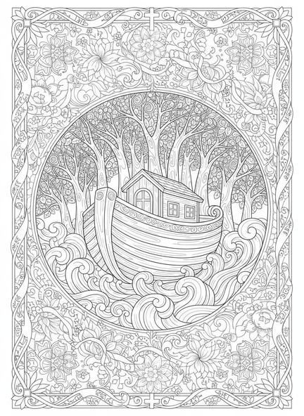 Arca de madera ornamentada, página para colorear del Libro de la Vida en estilo de journaling bíblico para adultos