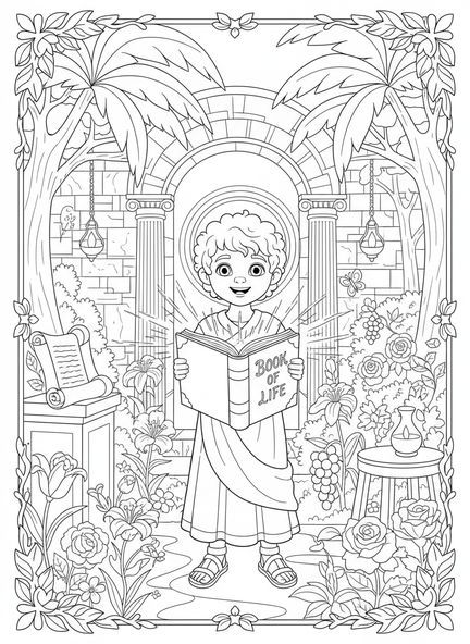 Niño sosteniendo el Libro de la Vida, página para colorear del Libro de la Vida para niños de Escuela Dominical de 5 a 12 años.