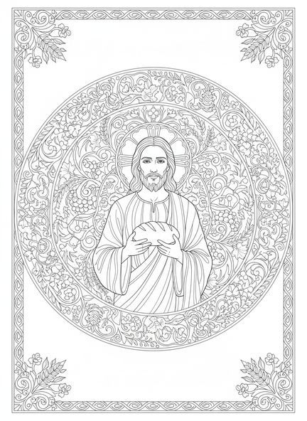 Jesús sosteniendo pan, página para colorear del Pan de Vida para adultos en estilo de diario bíblico