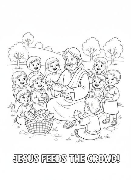 Jesús compartiendo pan, página para colorear del Pan de Vida para niños de 5 a 10 años