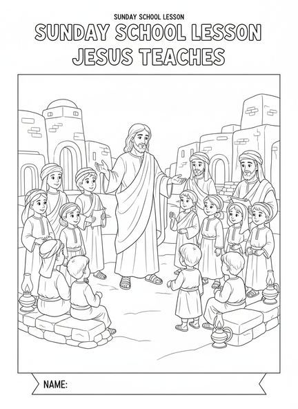 Jesús enseñando a una multitud, página para colorear del Pan de Vida para niños de Escuela Dominical de 5 a 12 años.