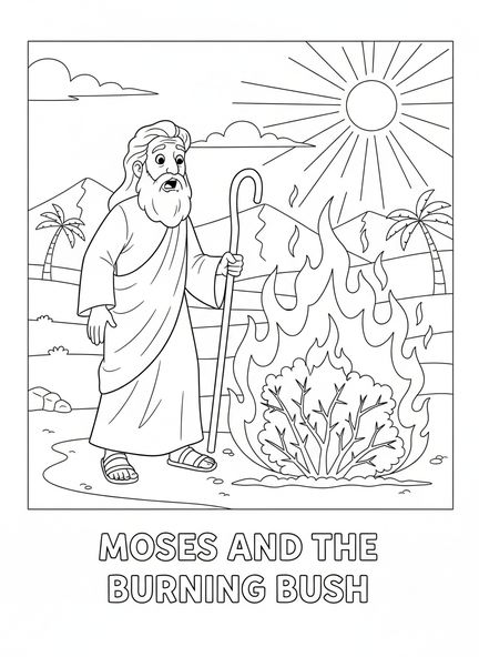 Moses erstaunt, Ausmalbild vom brennenden Busch für Kinder im Alter von 5-10 Jahren.