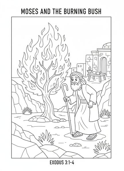 Moses, der sich dem brennenden Busch nähert, Ausmalbild des brennenden Busches für die Sonntagsschule für Kinder im Alter von 5-12 Jahren.