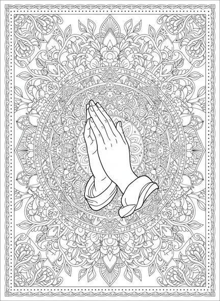 Mains en prière, page à colorier de la prière avec bougie pour adultes dans le style du journal biblique.