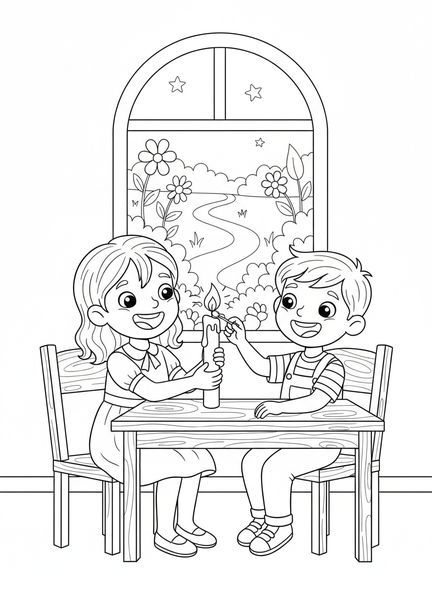 Deux enfants allumant une bougie, page à colorier de prière de bougie pour les enfants de 5 à 10 ans