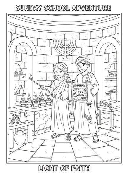 Dos niños encendiendo velas, página para colorear de la Oración de las Velas para niños de Escuela Dominical de 5 a 12 años
