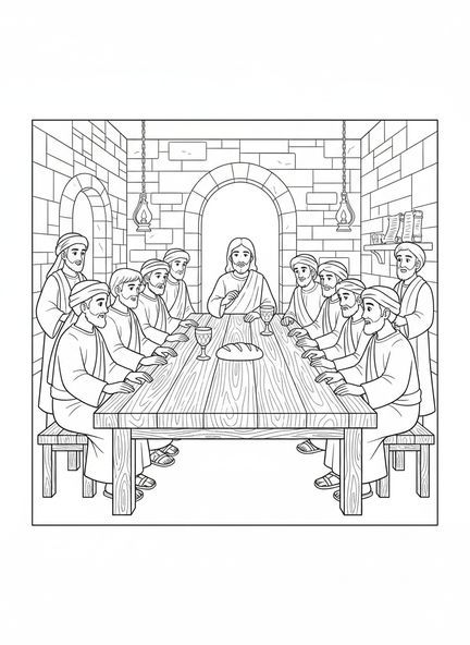 Jesús compartiendo una comida, página para colorear del símbolo del Cáliz para niños de la Escuela Dominical de 5 a 12 años