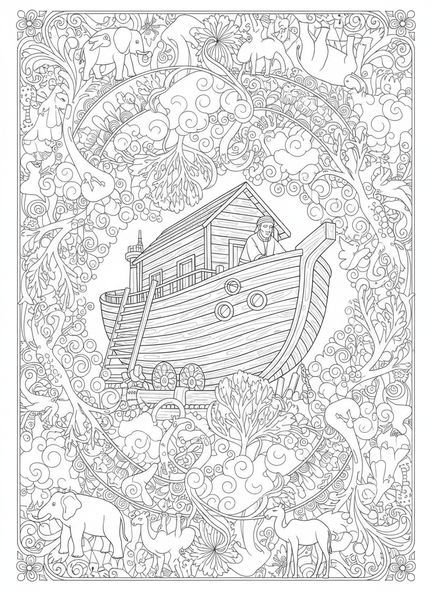 Noé construindo uma arca, página de colorir do Calendário do Advento no estilo de journaling bíblico para adultos.
