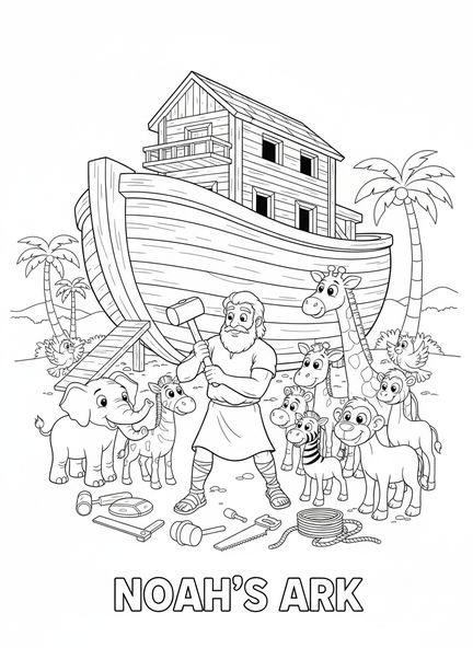 Noé construindo a arca, página para colorir do Calendário do Advento para crianças de 5 a 10 anos.