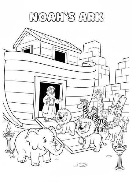 Éléphants et lions entrant dans l'arche, page à colorier du calendrier de l'Avent pour les enfants de l'École du dimanche âgés de 5 à 12 ans