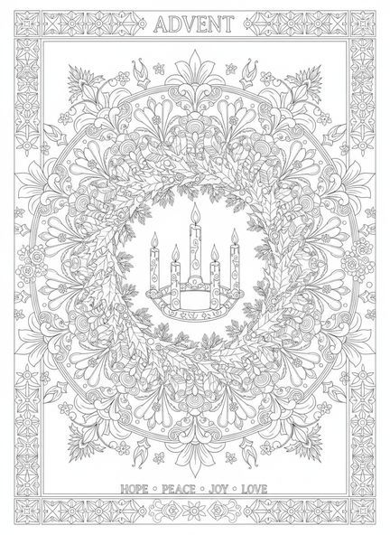 Couronne de l'Avent avec des bougies, page à colorier Couronne de l'Avent pour adultes dans le style du journal biblique.