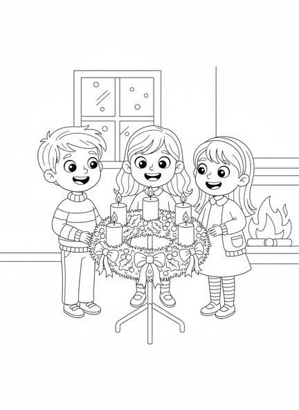 Groupe d'enfants, page à colorier de la couronne de l'Avent pour les enfants de 5 à 10 ans.
