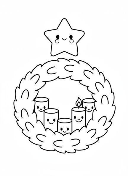 Couronne de l'Avent joyeuse avec des bougies, page à colorier de la couronne de l'Avent pour les enfants d'âge préscolaire de 3 à 5 ans.