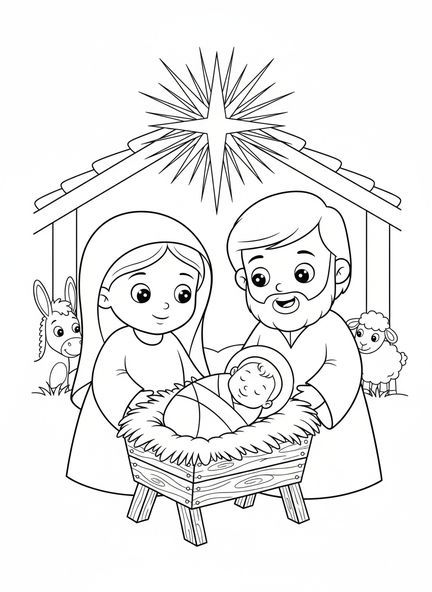 Bébé Jésus dans la crèche, page à colorier Away In A Manger pour les enfants de 5 à 10 ans