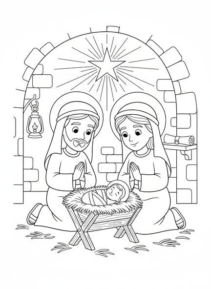 Marie et Joseph, page à colorier Away In A Manger pour les enfants de catéchisme âgés de 5 à 12 ans