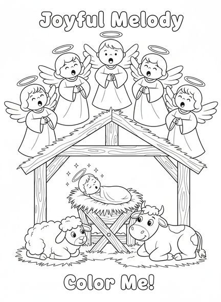 Ángeles alegres, página para colorear de Jesús niño con ángeles cantando para niños de 5 a 10 años