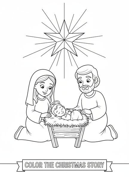 El Niño Jesús en el pesebre, página para colorear del Niño Jesús en el pesebre para niños de 5 a 10 años.