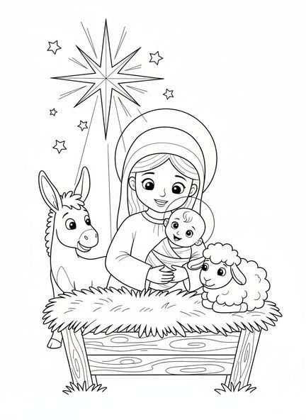 María sosteniendo al Niño Jesús, página para colorear de María sosteniendo al Niño Jesús para niños de 5 a 10 años