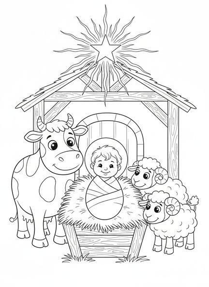 Krippe mit dem Baby Jesus, Ausmalbild für Kinder im Alter von 5-10 Jahren.