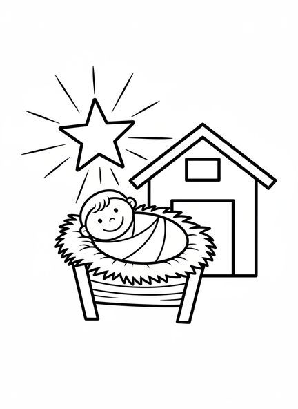 Desenho para colorir do presépio com o bebê Jesus, cidade de Belém, para crianças de 3 a 5 anos