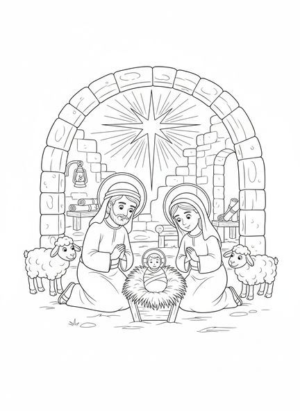 Maria und Joseph, Ausmalbild von Bethlehem für Kinder im Alter von 5-12 Jahren in der Sonntagsschule
