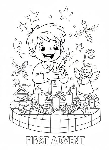 Niño encendiendo una vela, página para colorear de las velas de Adviento para niños de 5 a 10 años.