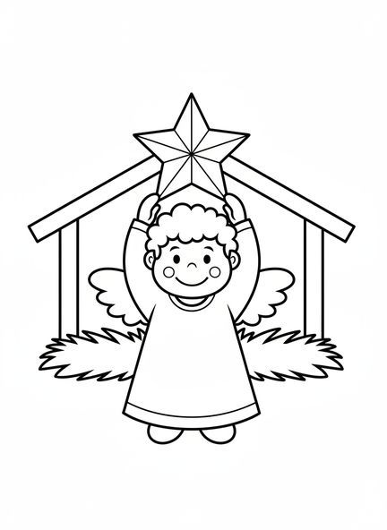 Ange souriant tenant une étoile, page à colorier des Anges de Noël pour les enfants d'âge préscolaire de 3 à 5 ans