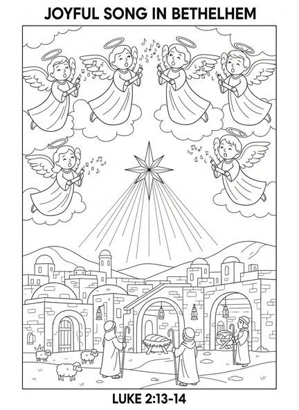 Coro de ángeles, página para colorear de Ángeles de Navidad para niños de Escuela Dominical de 5 a 12 años
