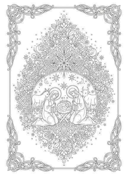 Cena de Natal com manjedoura, página para colorir de sinos de Natal no estilo de journaling bíblico para adultos.