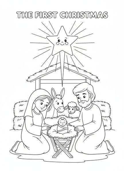 Estrela brilhante sobre a manjedoura, página de colorir de sinos de Natal para crianças de 5 a 10 anos.