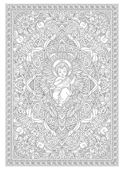 Krippe mit dem Baby Jesus, Ausmalbild zur Weihnachtskrippe für Erwachsene im Bibel-Journaling-Stil.