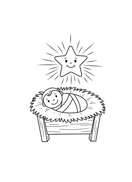Das Christkind in einer Krippe, Ausmalbild zur Weihnachtskrippe für Vorschulkinder im Alter von 3-5 Jahren