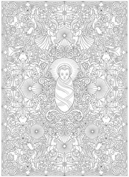 Pesebre con el niño Jesús, página para colorear de la Natividad navideña en estilo de journaling bíblico para adultos.