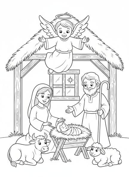 Ángel cuidando al niño Jesús, página para colorear de la Silueta de la Natividad de Navidad para niños de 5 a 10 años.