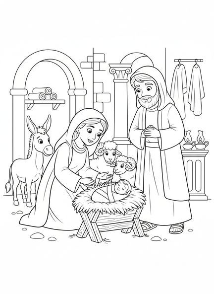 María y José, página para colorear de la Silueta de la Natividad de Navidad para niños de Escuela Dominical de 5 a 12 años