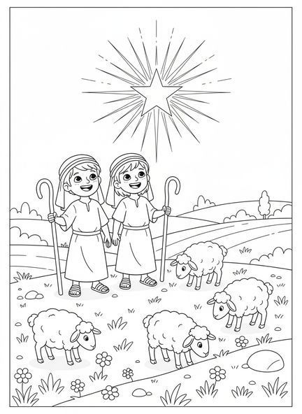 Deux bergers joyeux, page à colorier de Noël pour enfants de 5 à 10 ans
