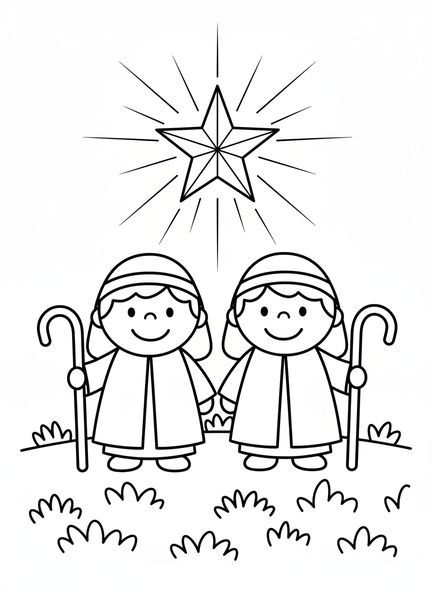 Dois pastores sorridentes, página de colorir de Natal para crianças de 3 a 5 anos.