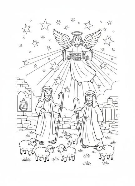 Deux bergers, page à colorier de Noël pour les enfants de l'École du dimanche âgés de 5 à 12 ans.