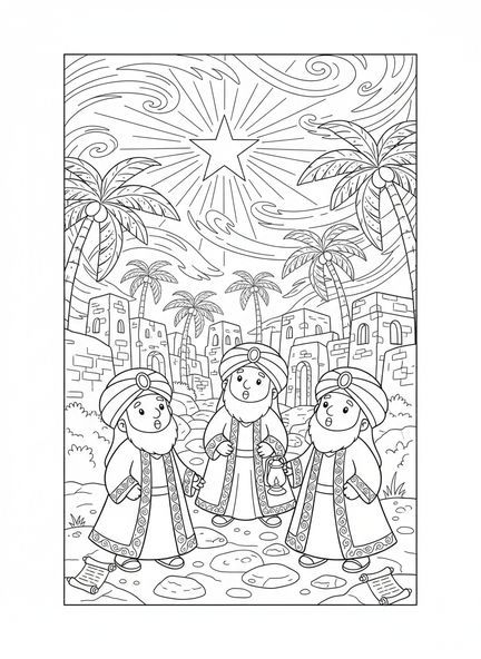 Tres reyes magos, página para colorear de la Estrella de Navidad para niños de Escuela Dominical de 5 a 12 años.