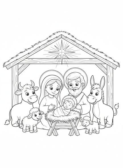 Krippenszene mit dem Baby Jesus, religiöse Ausmalseite für Kinder im Alter von 5-10 Jahren.