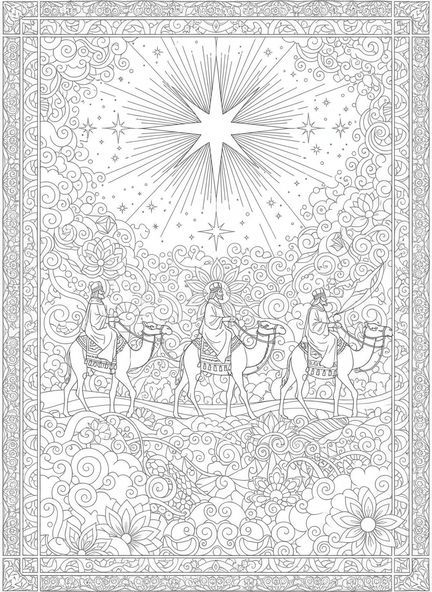 Trois rois mages sur des chameaux, page à colorier pour l'Épiphanie dans un style de journal biblique pour adultes.